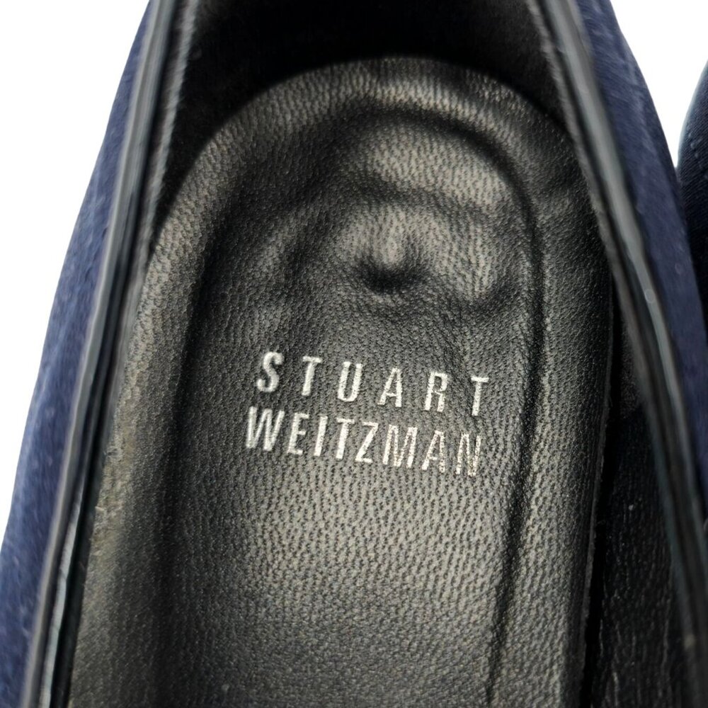 Stuart Weitzman 8.5AAAA Navy Crepe Fabric Black Leather Dress Bow Heels Womens - Picture 15 of 15